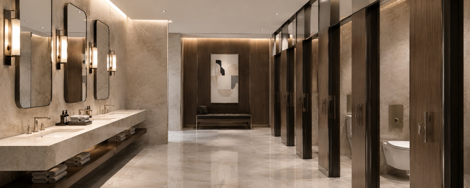 BathSelect ASID bathroom design resources featuring a luxury commercial bathroom with coordinated fixtures